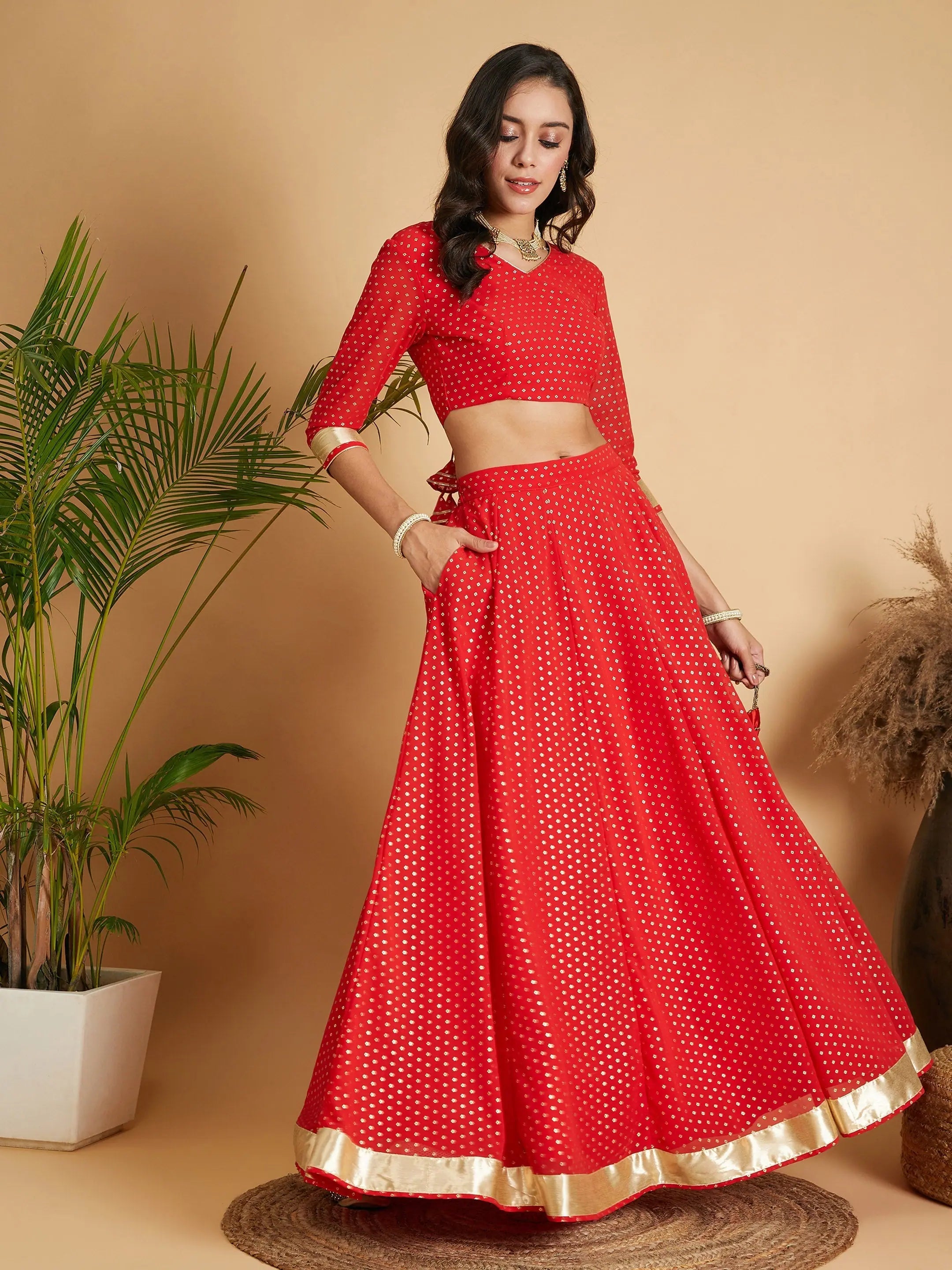 Mega Sale Women Red Dot Foil Print Anarkali Skirt With Crop Top