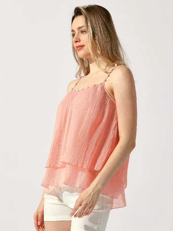 Smart Casual Deals Double-Layer Pleated Ruffle Casual Spaghetti Strap Top