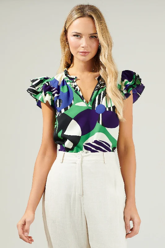 Budget Friendly Xandria Geometric Bellissima Ruffle Sleeve Top