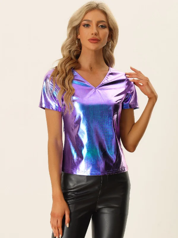 Massive Savings On New Arrivals Metallic Tees V Neck Party Clubwear Shiny Top