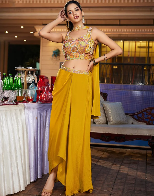 Holiday Glam Magnificent Mustard Designer Embroidered Sequin Crop Top with Drape Skirt & Dupatta