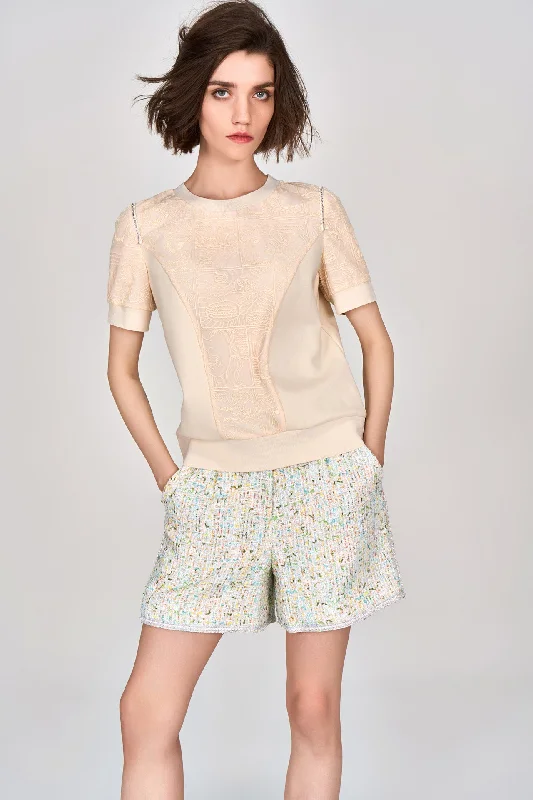 Hot Deals Beige Embroidered Short Sleeves Top