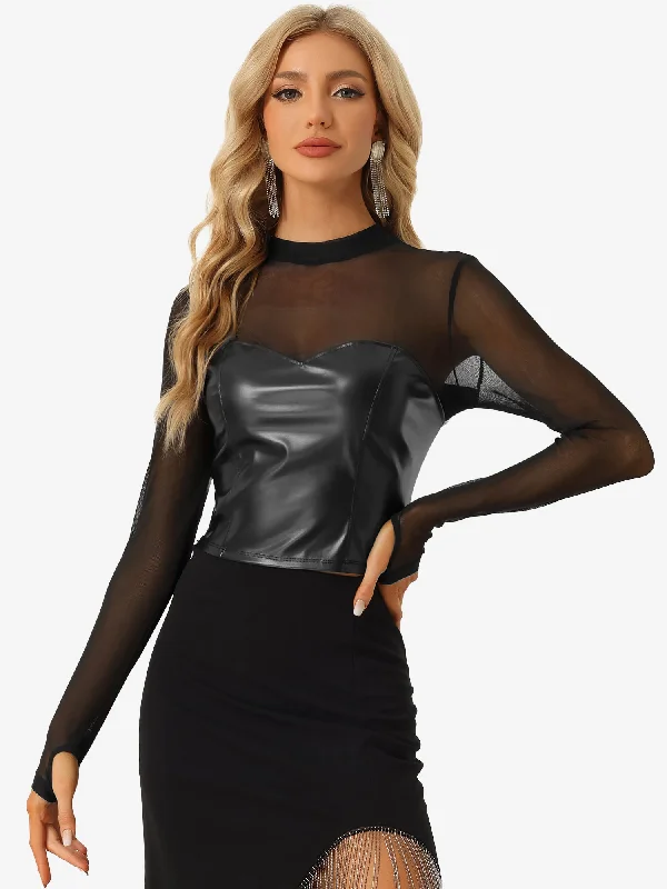 Weekend-Only Deals You'll Love Sexy Top Faux Leather Mesh Sleeve Sweetheart Stand Collar Shirt