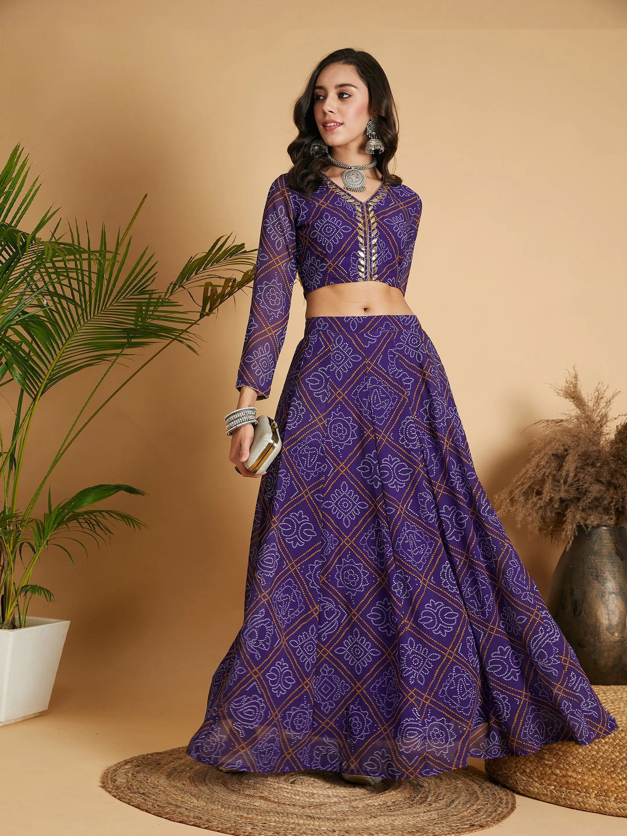 Limited Time Special Offer Women Purple & White Bandhej Anarkali Skirt With Crop Top Limited Time Special Offer Women Purple & White Bandhej Anarkali Skirt With Crop Top