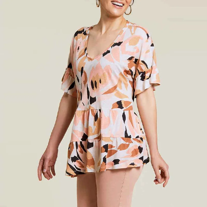 Comfort Meets Fashion Tribal Short Sleeve V-Neck Ruffle Top - Sandstorm FINAL SALE