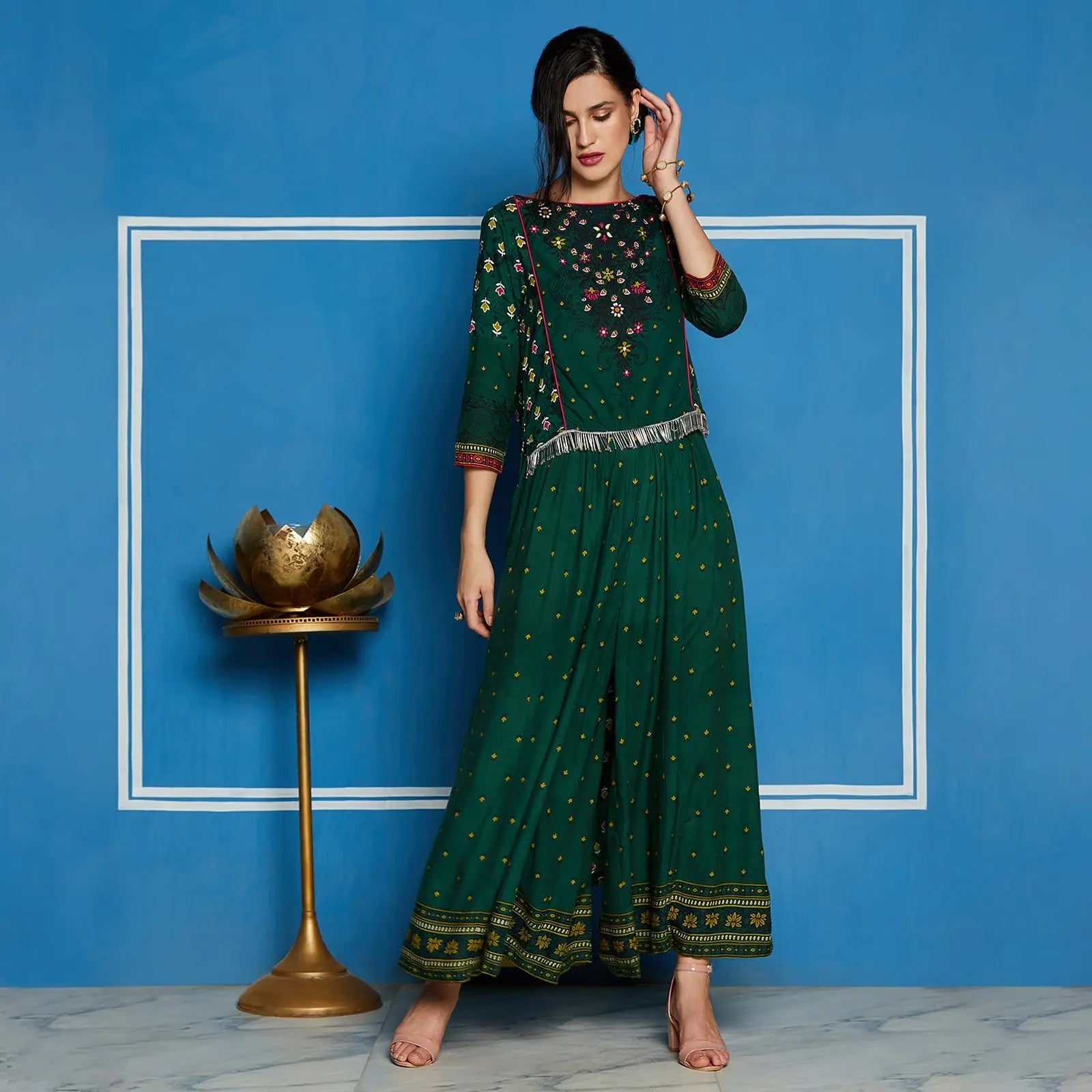 Modern Chic Discounts Green Mughal High-Low Top With Kalidaar Palazzo