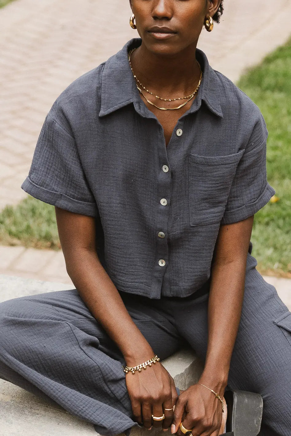 Hot Sale Benji Cotton Gauze Top in Slate Blue - FINAL SALE