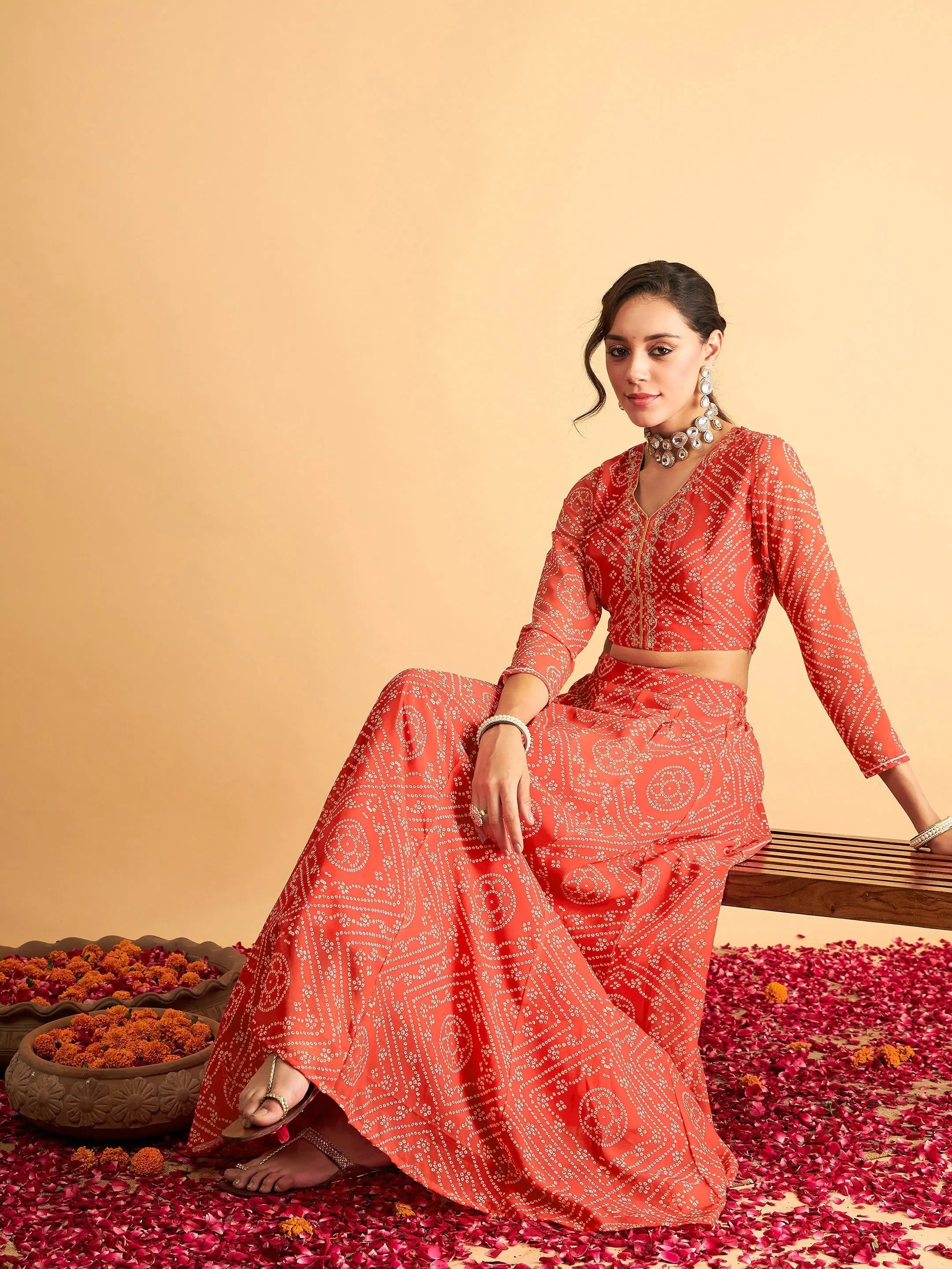 Limited Stock, Big Sale Women Red & White Bandhej Anarkali Skirt With Crop Top