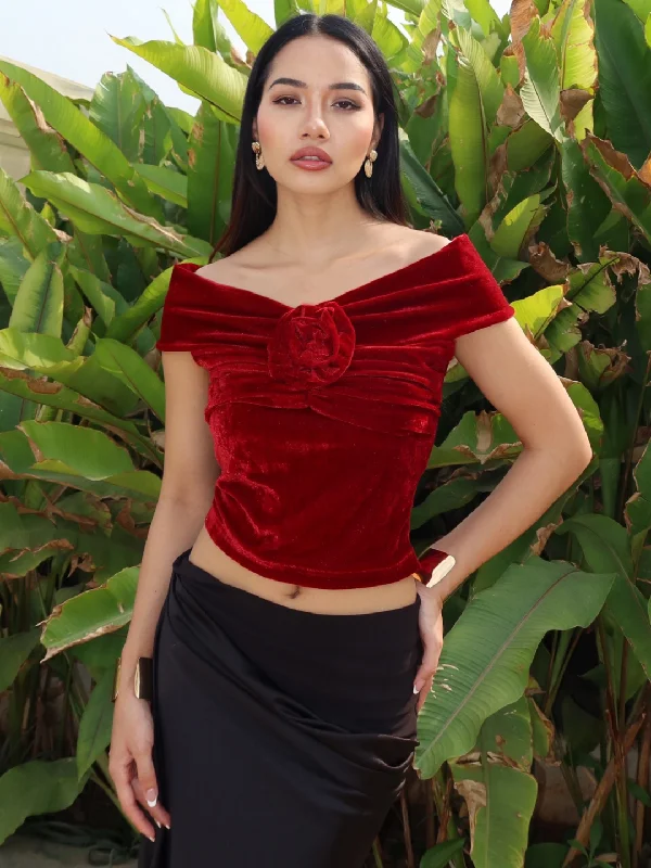 Get More, Spend Less Velvet Off-Shoulder Rose Top