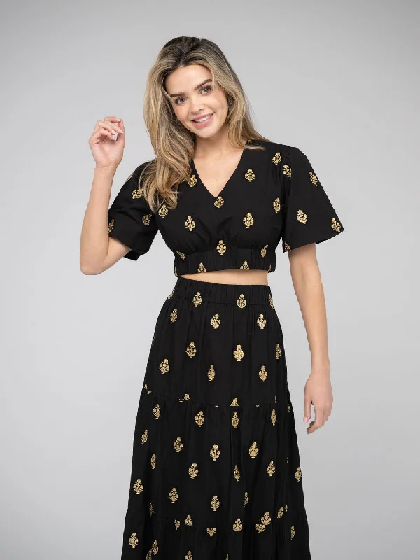 New Styles Just In The Abby Top | Gold & Black Embroidery