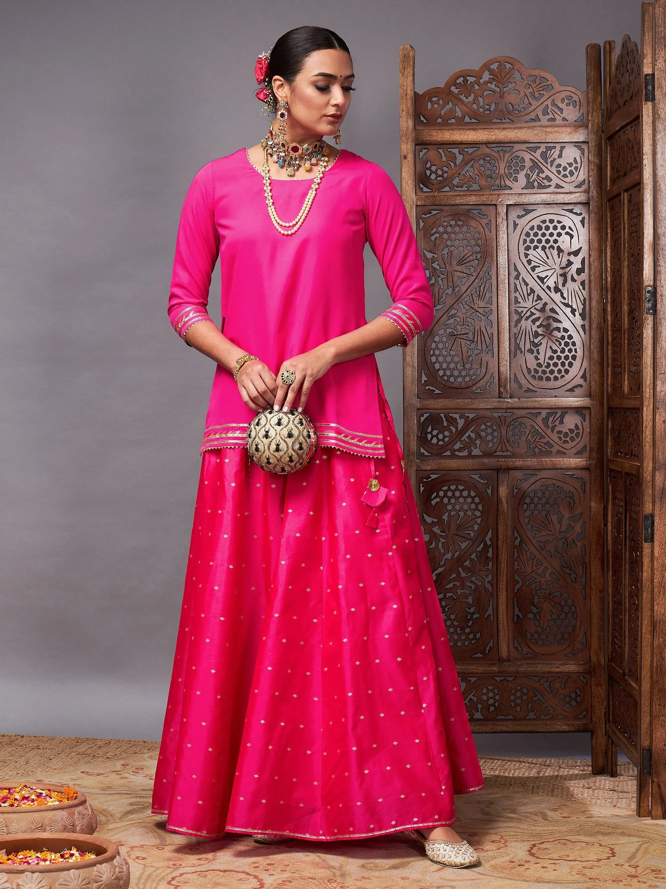 Classic Fashion, Modern Discounts Women Fuchsia Banjara Top With Jacquard Anarkali Skirt