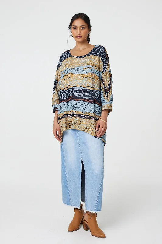 Modish Fashion Discounts Printed 3/4 Batwing Sleeve Relaxed Tunic Top