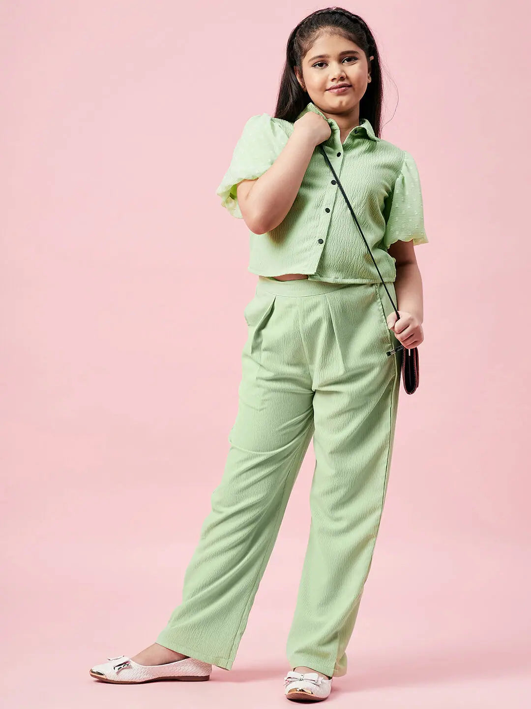 Essentials On Sale Girl's Feminine Solid Top with Plazzo Green