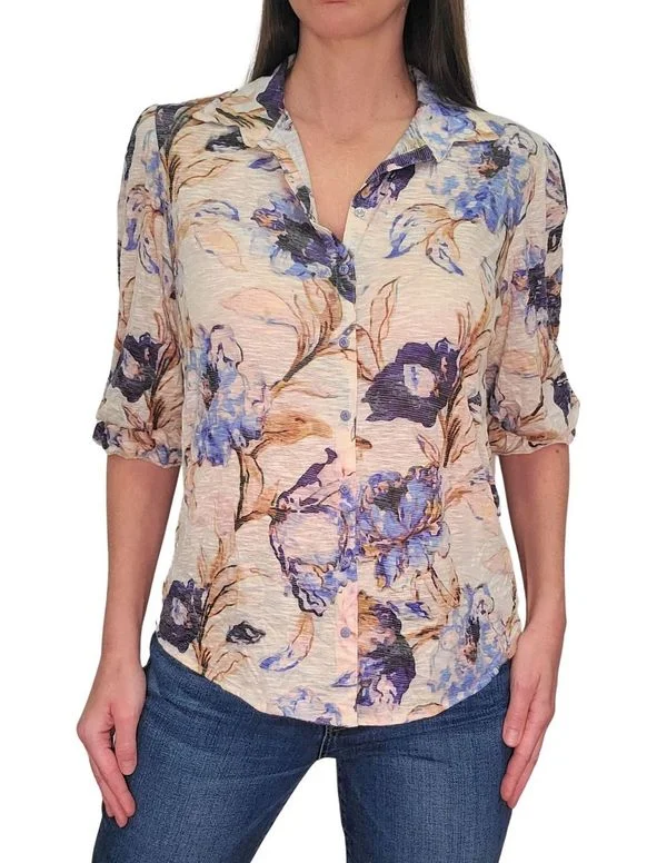 Evening Elegance David Cline Smocked 3/4 Sleeve Top - Denim
