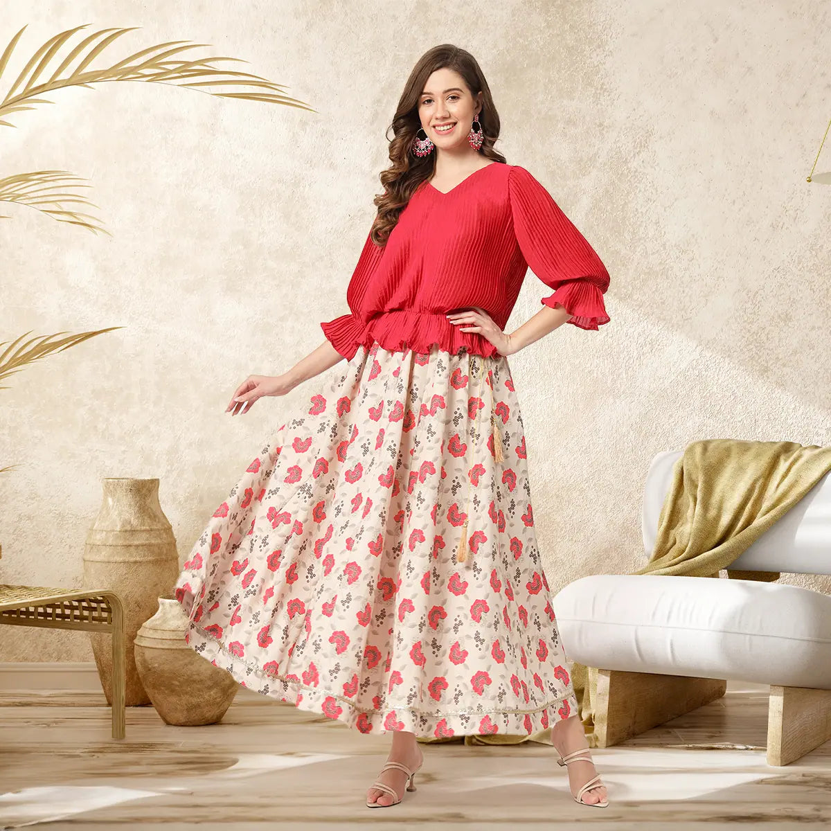 Clearance Event Self Pleated Top With Digital Printed Flared Skirt Set