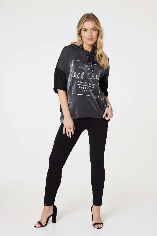 Urban Elegance Deals Metallic Logo Print Hooded Top