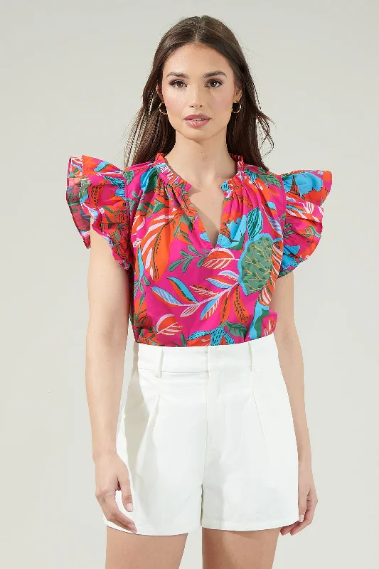 Chic Style Discounts Cactus Blossom Risette Ruffle Cap Sleeve Split Neck Top