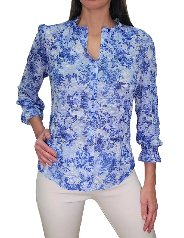Boutique Styles David Cline Shirred Sleeve Wind Button-Up Top - Wind