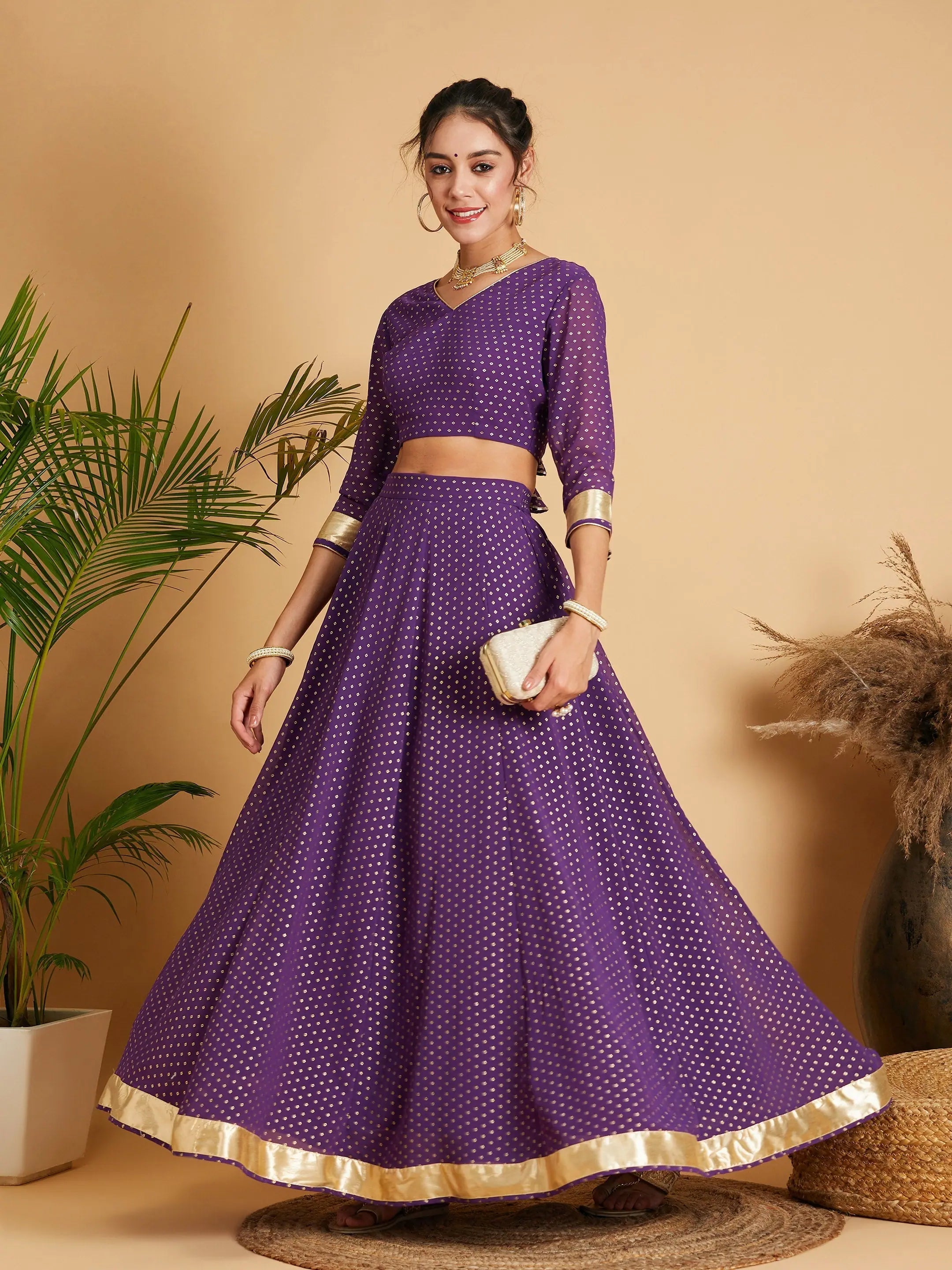 Saturday Savings – Your Favorite Items On Sale Women Purple Dot Foil Print Anarkali Skirt With Crop Top Saturday Savings – Your Favorite Items On Sale Women Purple Dot Foil Print Anarkali Skirt With Crop Top