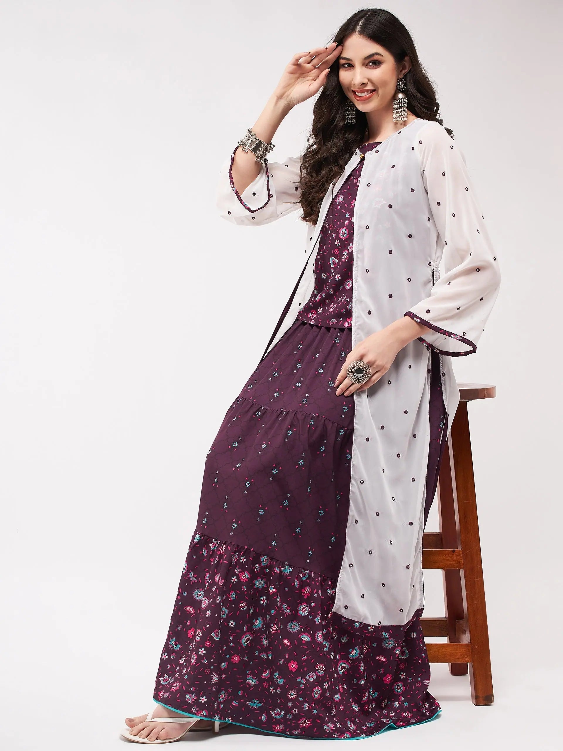 Limited Stock, Grab Yours Today Mughal Printed Top With Skirt And Embroidered Shrug-PKC10074PNK-S