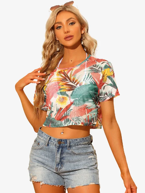 Premium Style Offers Hawaiian Sheer Short Sleeve Leaves Print Tropical Crop Top