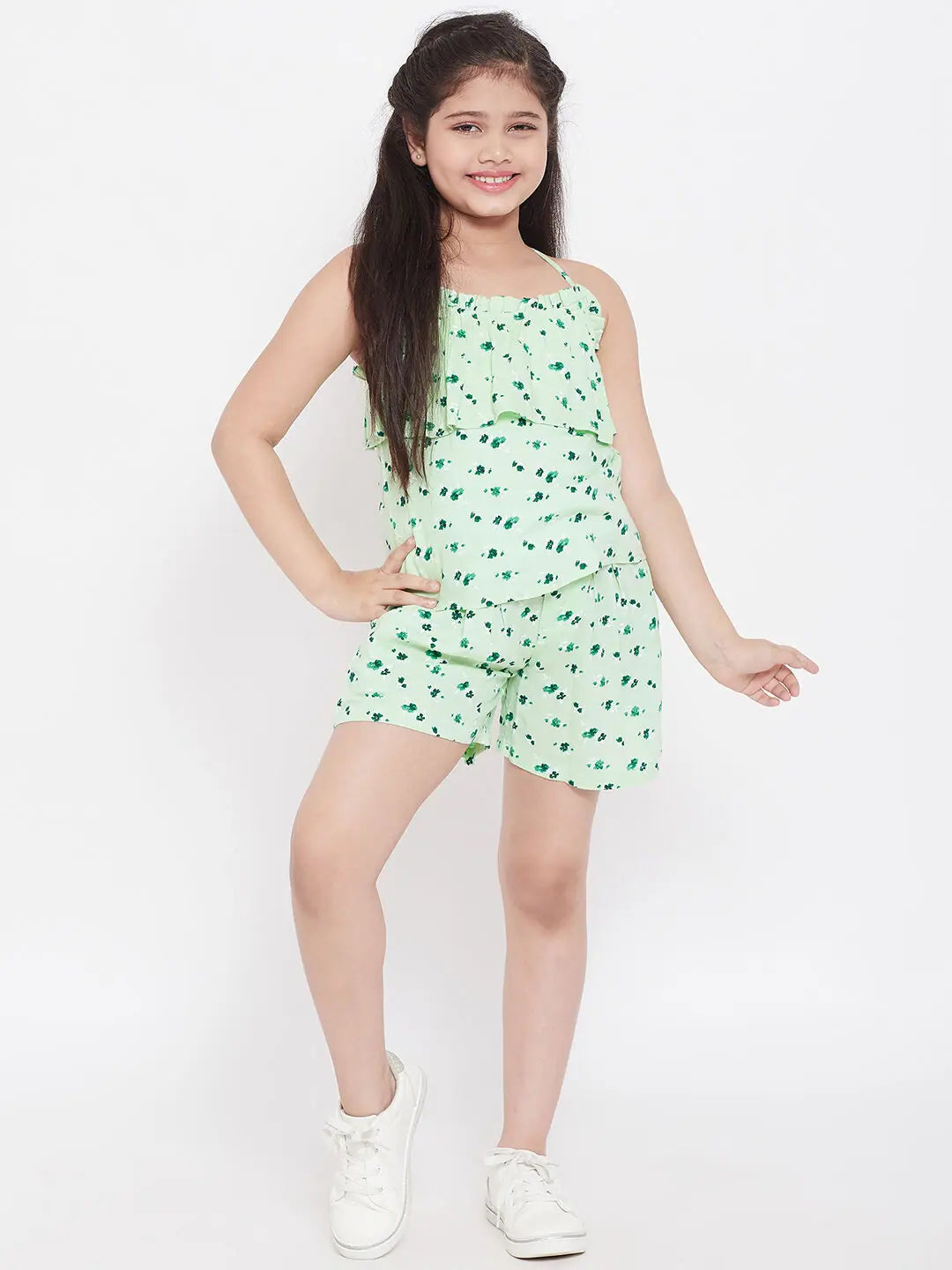 Chic Trends Unveiled Girl's Laurel Printed Top with Shorts Green
