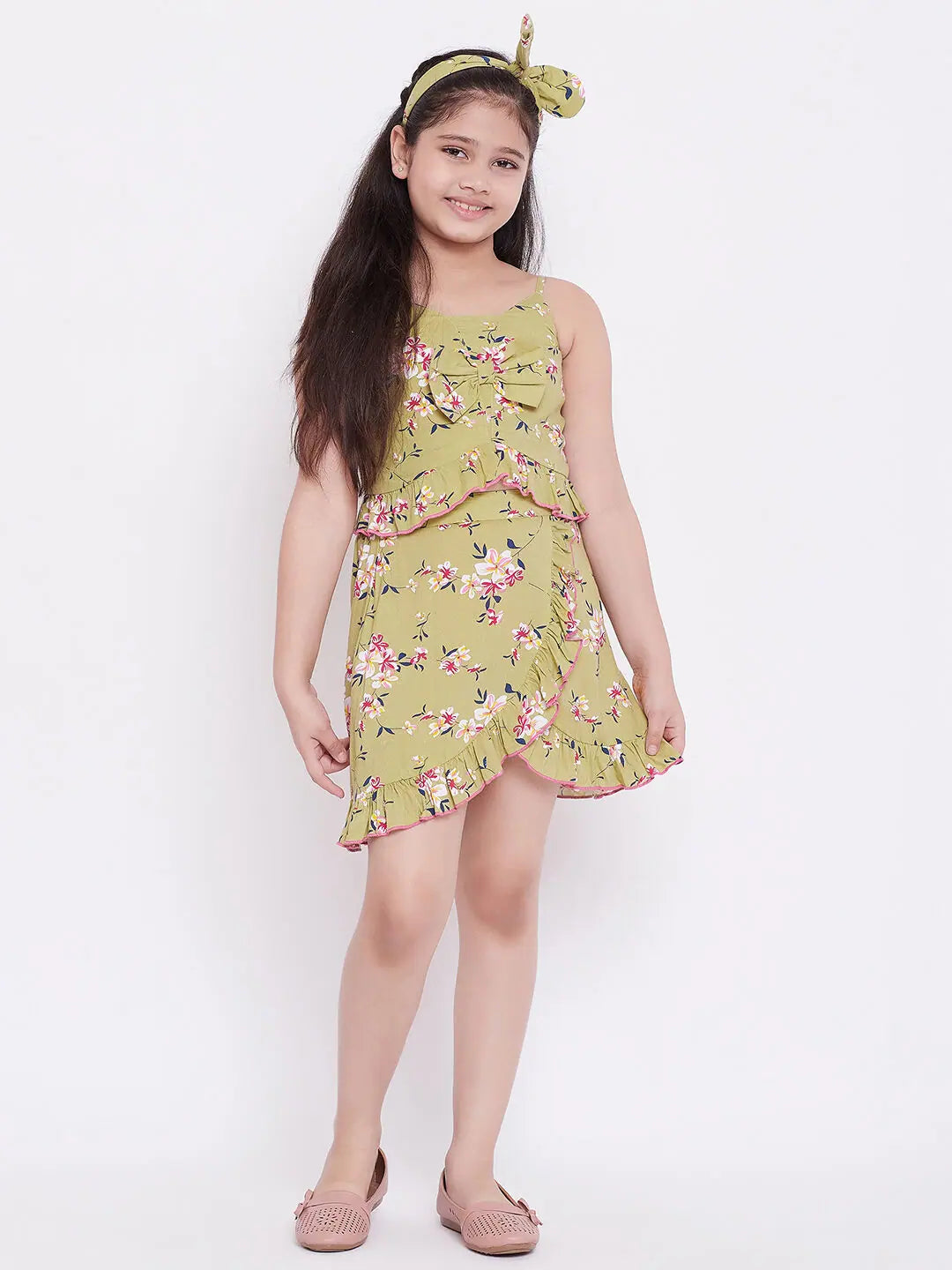 Stylish Savings Girl's Showy Apparel Printed Top with Skirt Green