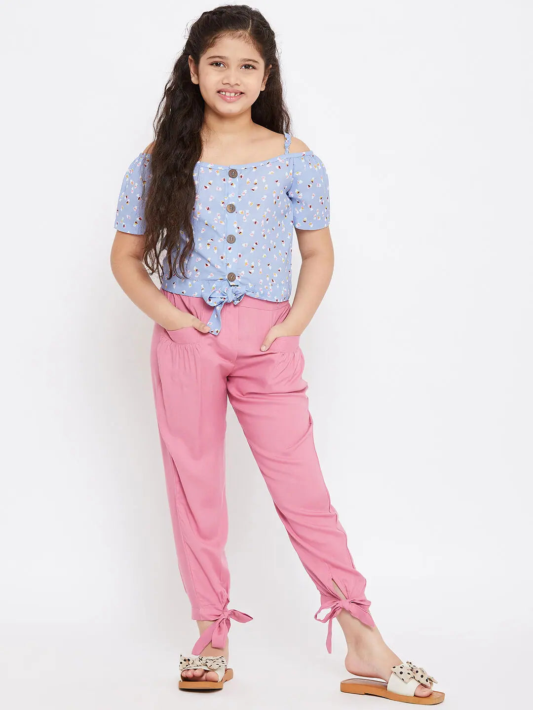 Clearance Sale, All Cheap Girl's Fresh Clothe Pink Printed Top with trousers Pant