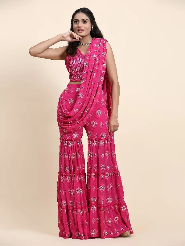 Latest Trends Pink And Silver Sharaha With Attached Duppatta And Crop Top - Rent
