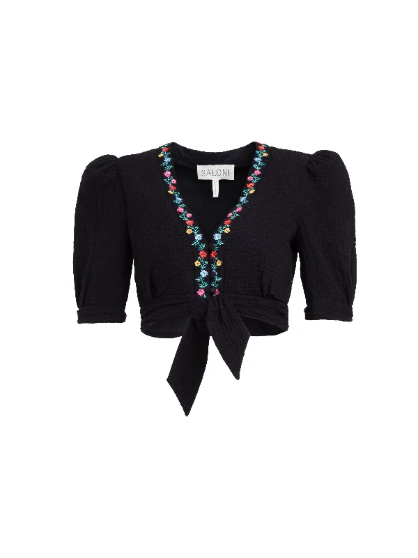 Contemporary Fashion Sale Jamie Tie Top in Black with Flowers Embroidery