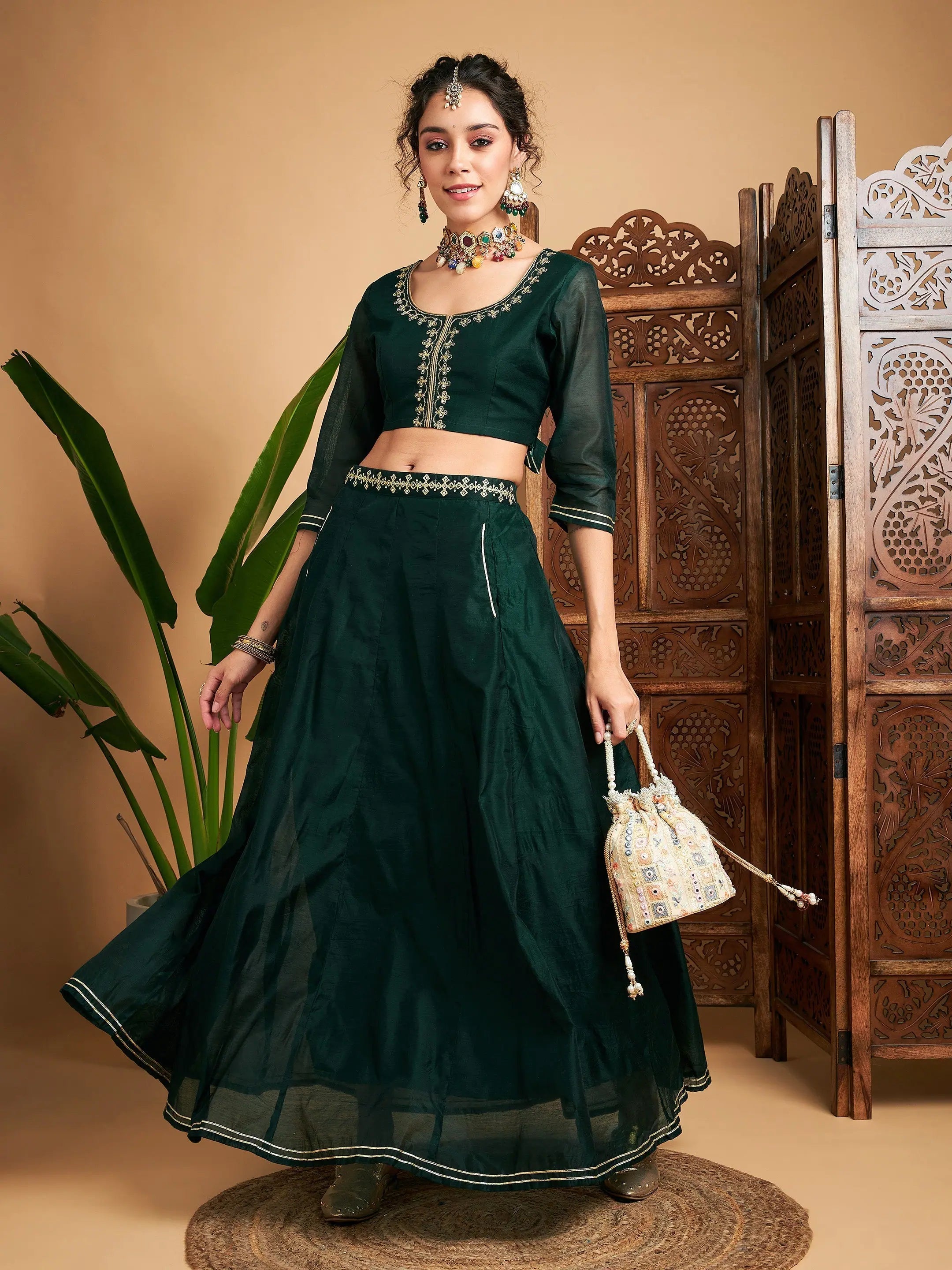 Modern Fashion Sale Women Emerald Embroidered Anarkali Skirt With Crop Top