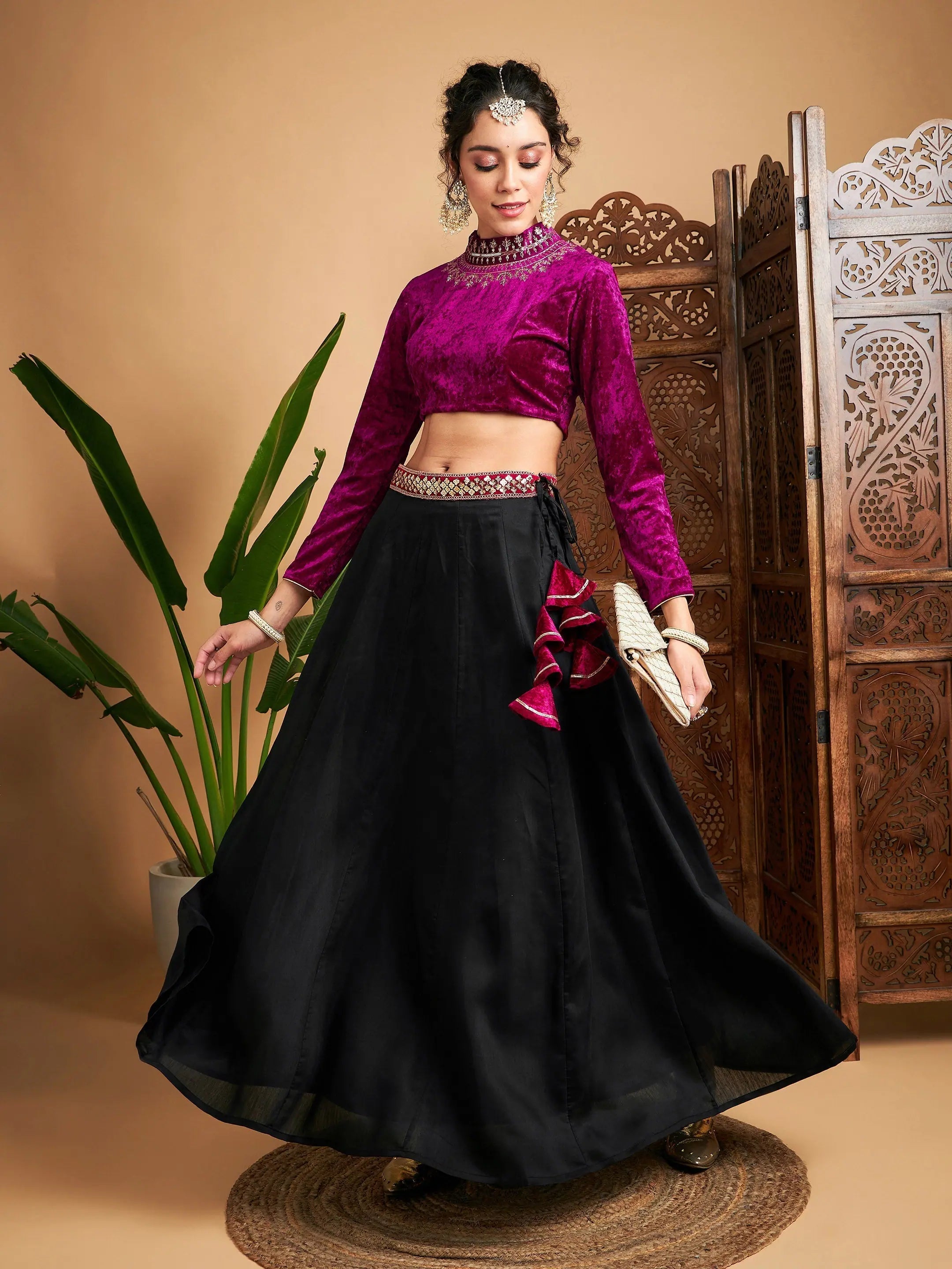 Vintage-Inspired Style Offers Women Black Solid Skirt With Fuchsia Velvet Crop Top