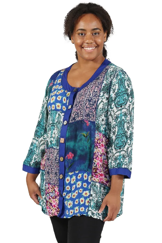 Minimalist Fashion Sale Plus Size La Cera Blue Multi Patchwork Top