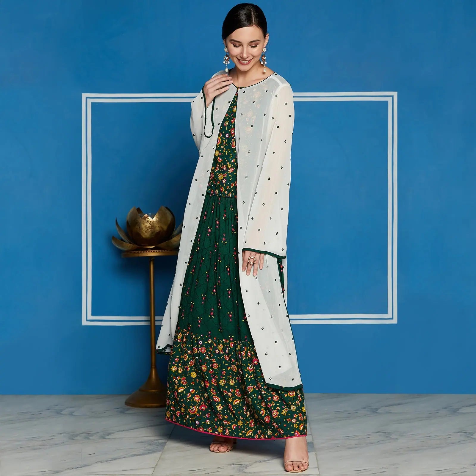Cool Prices Green Mughal Printed Top With Skirt And Embroidered Shrug