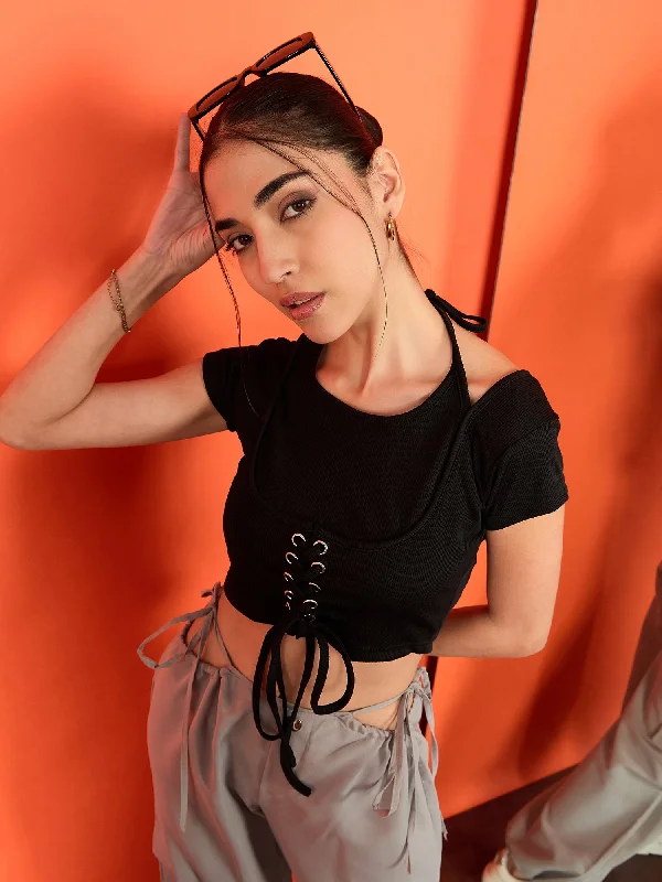 Cozy Chic Promotions Stretchable Ribbed Halter Neck Eyelet Top