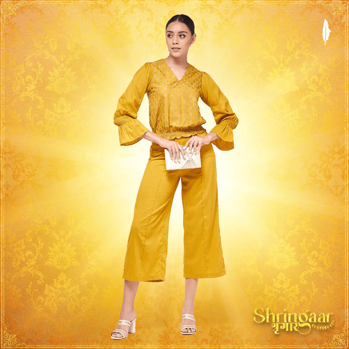 Must-Have Style Discounts Shringaar Mustard Block Printed Stylish Top With Matching Pant