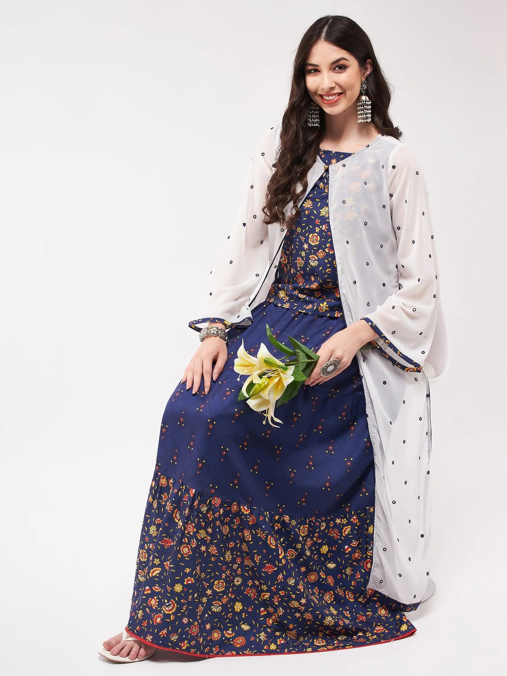 Modish Fashion Discounts Mughal Printed Top With Skirt And Embroidered Shrug-PKC10074NVY-S