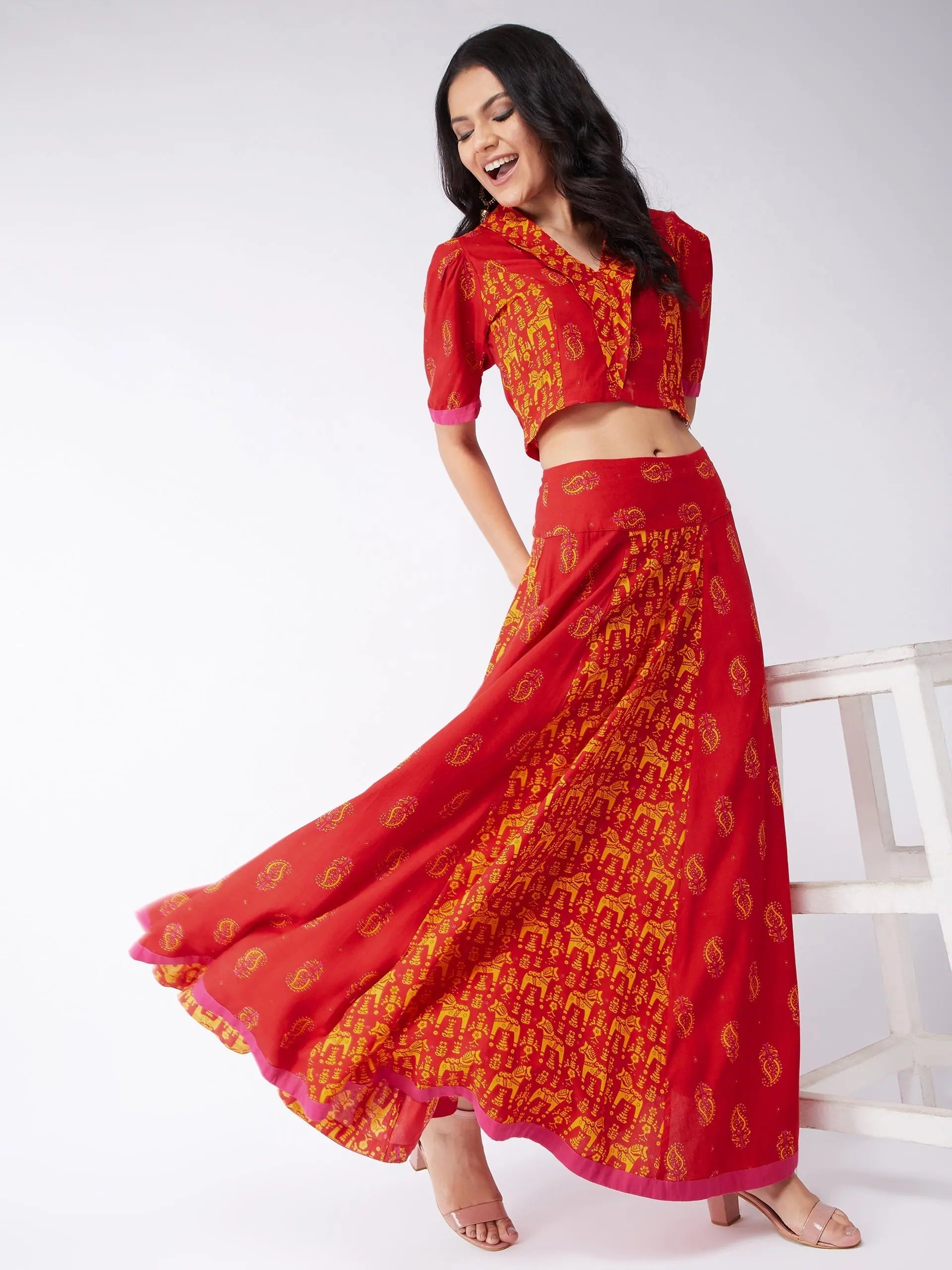Shop Now And Enjoy Exclusive Savings Digital Printed Sindoor Collared Top With Flared Skirt Shop Now And Enjoy Exclusive Savings Digital Printed Sindoor Collared Top With Flared Skirt