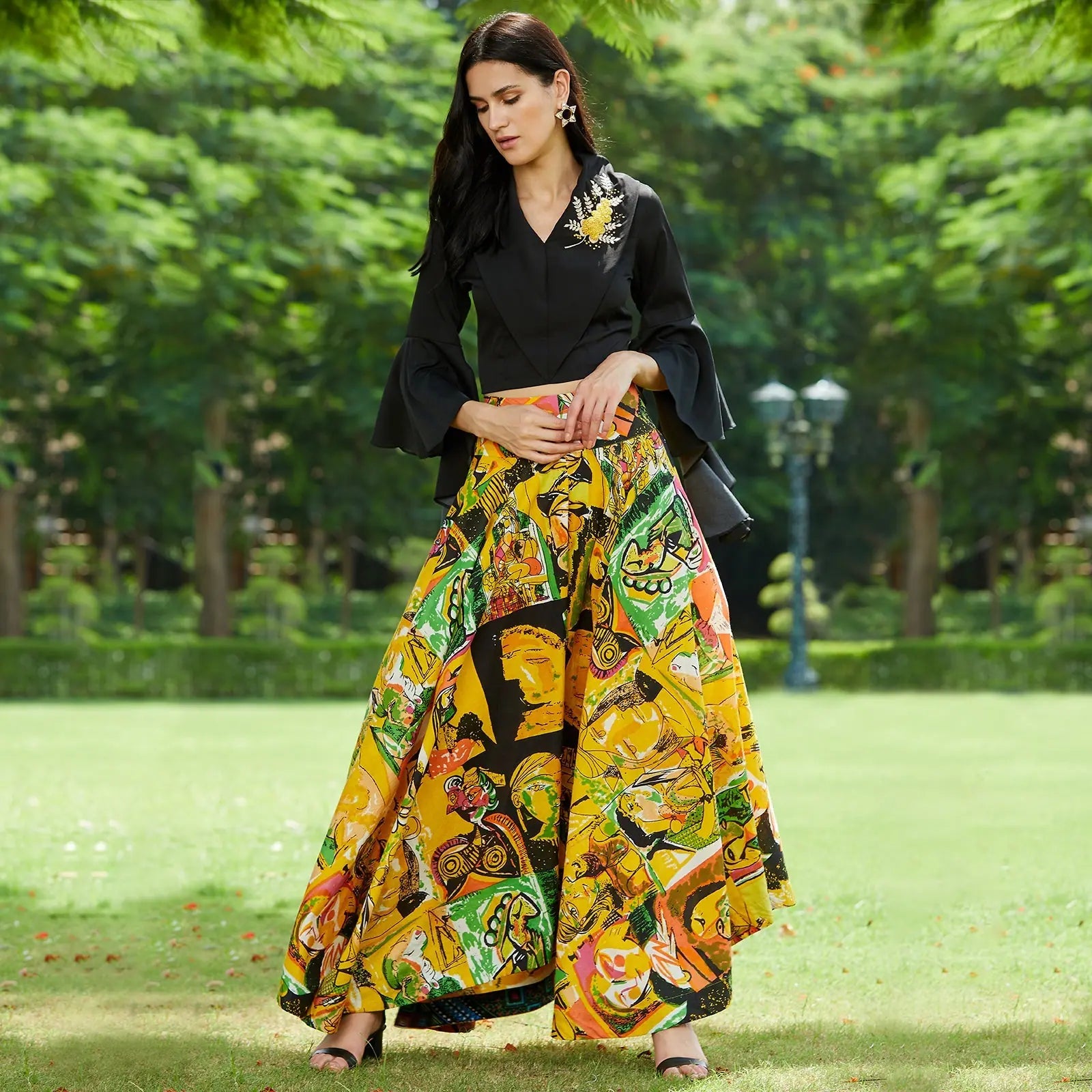 Get Ready To Save Like Never Before Embroidered Crop Top With Picasso Printed Skirt-PKC10056YLLW-XS