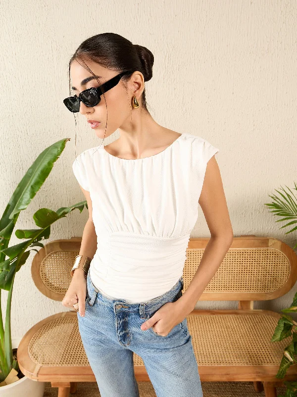 Limited Time Offer Backless Gather Detailed Boat Neck Top