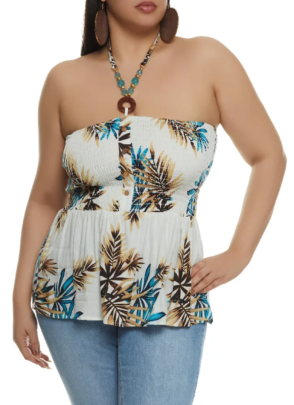 New Season Fashion Preview Sale Plus Size Tropical Print Smocked Halter Top