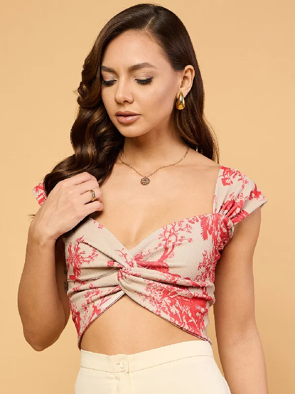 Chic Trends Unveiled Printed Stretchable Half Sleeve Back Cut-Out Cropped Top