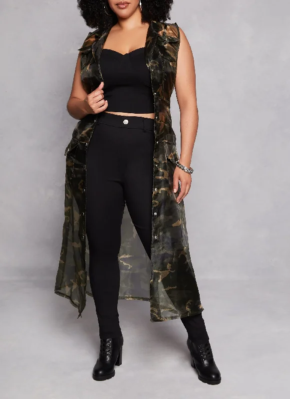 Luxury Fashion Plus Size Organza Button Front Tie Waist Belted Maxi Top