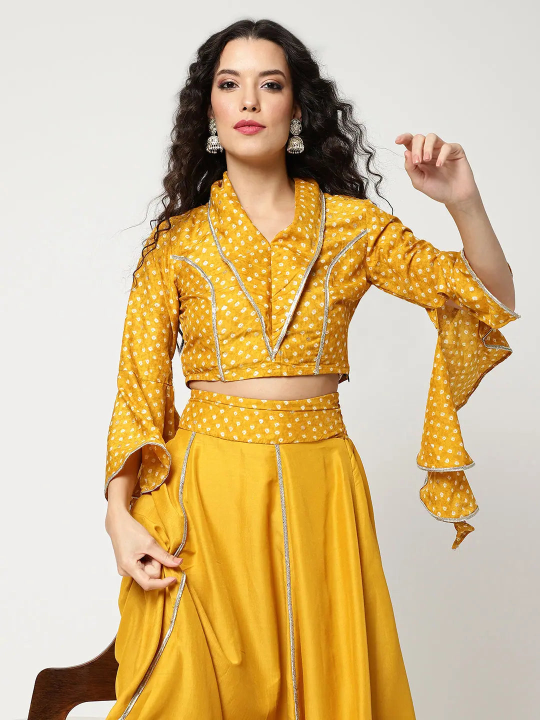 The Best Time To Shop Is Now Bandhani Foil Printed Collared Crop Top Having Laces With Bell Sleeves And Solid Matching Flared Skirt Set The Best Time To Shop Is Now Bandhani Foil Printed Collared Crop Top Having Laces With Bell Sleeves And Solid Matching Flared Skirt Set