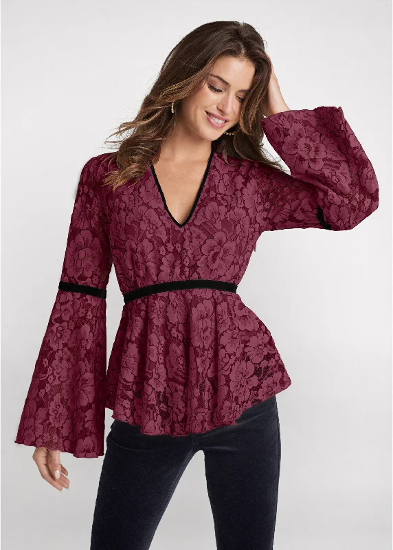 Winter Warehouse Sale Lace Bell Sleeve Top - Wine Multi