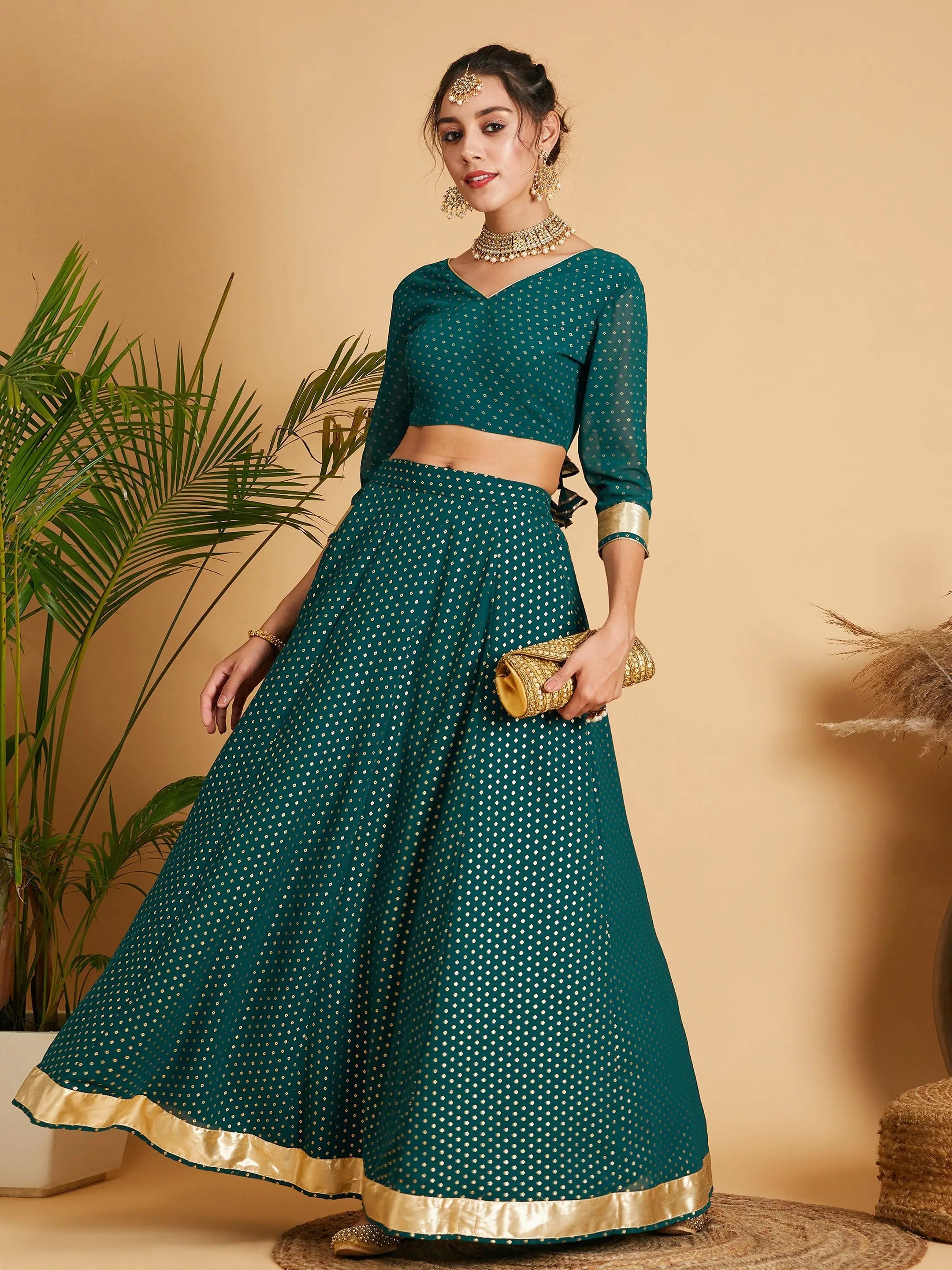 Unbeatable Prices On Best-Selling Items Women Emerald Dot Foil Print Anarkali Skirt With Crop Top Unbeatable Prices On Best-Selling Items Women Emerald Dot Foil Print Anarkali Skirt With Crop Top