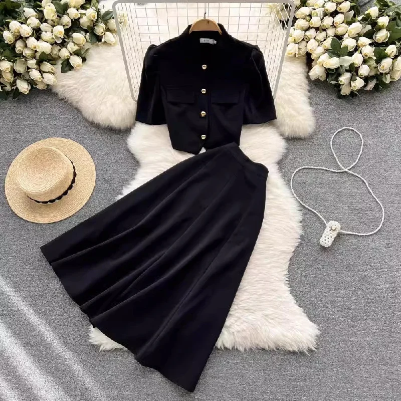 Premium Fashion women's short-sleeved top mid-length skirt two-piece set     S4570