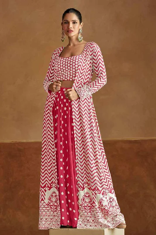 Effortless Style, Effortless Savings Red Chevron Print Embroidered Georgette Top Palazzo Dupatta Set Effortless Style, Effortless Savings Red Chevron Print Embroidered Georgette Top Palazzo Dupatta Set