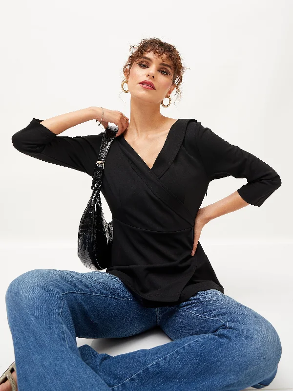 The Perfect Time To Shop And Save Women Black V-Neck Peplum Top