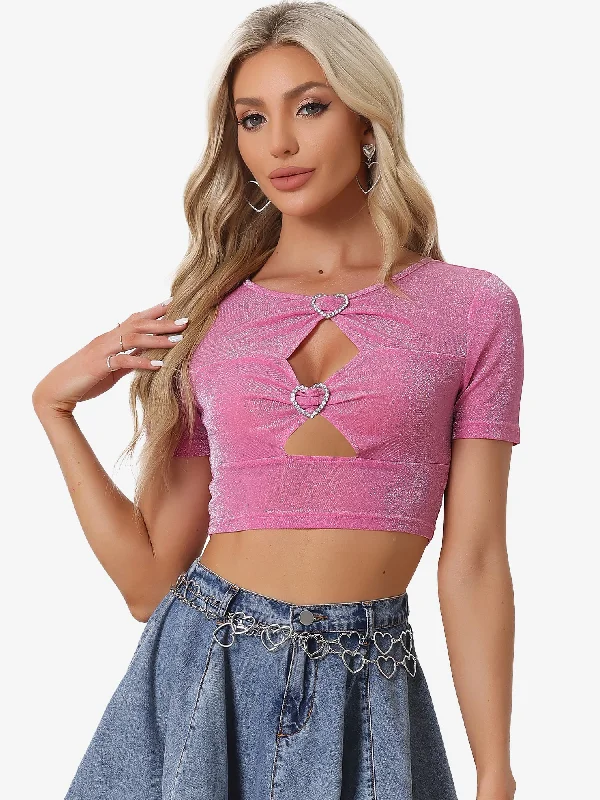 Clearance Event Party Glitter Shiny Short Sleeves Cut Out Crop Tops